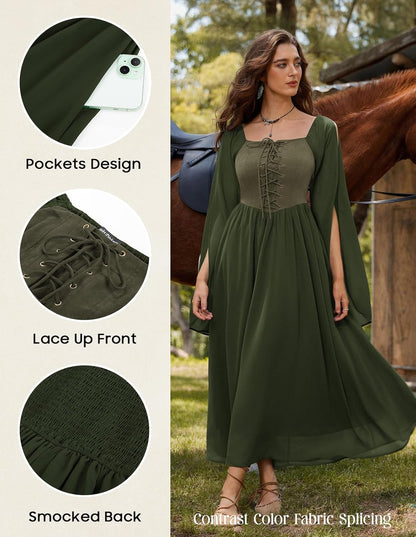 Renaissance Costume Women Pirate Dresses Split Bell Sleeve Medieval Ren Faire Dress with Pockets