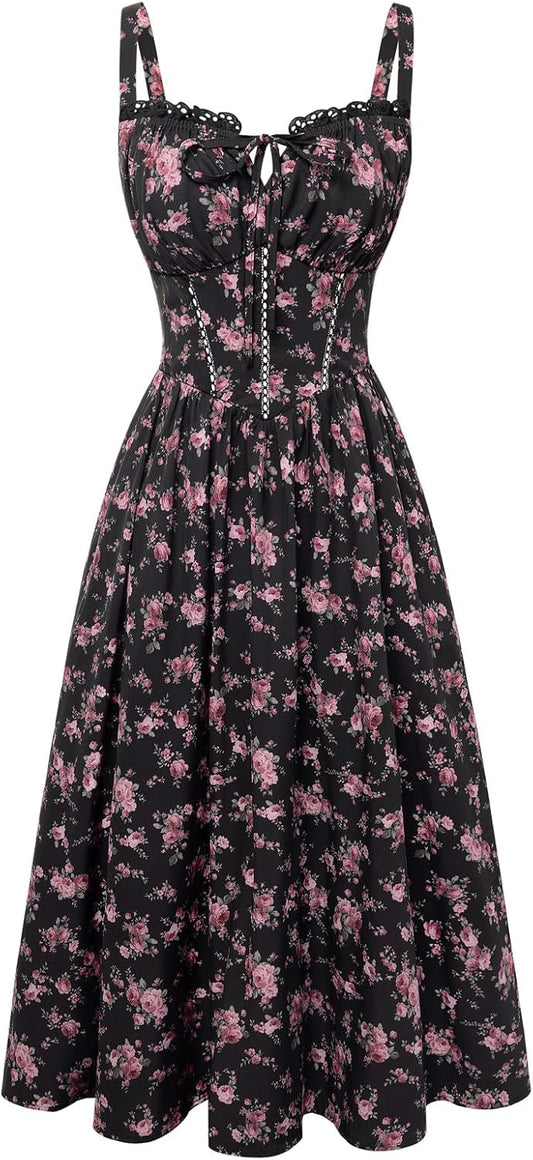 Women 2026 Floral Corset Dress Summer Milkmaid Sundress Wedding Guest Dresses with Pockets