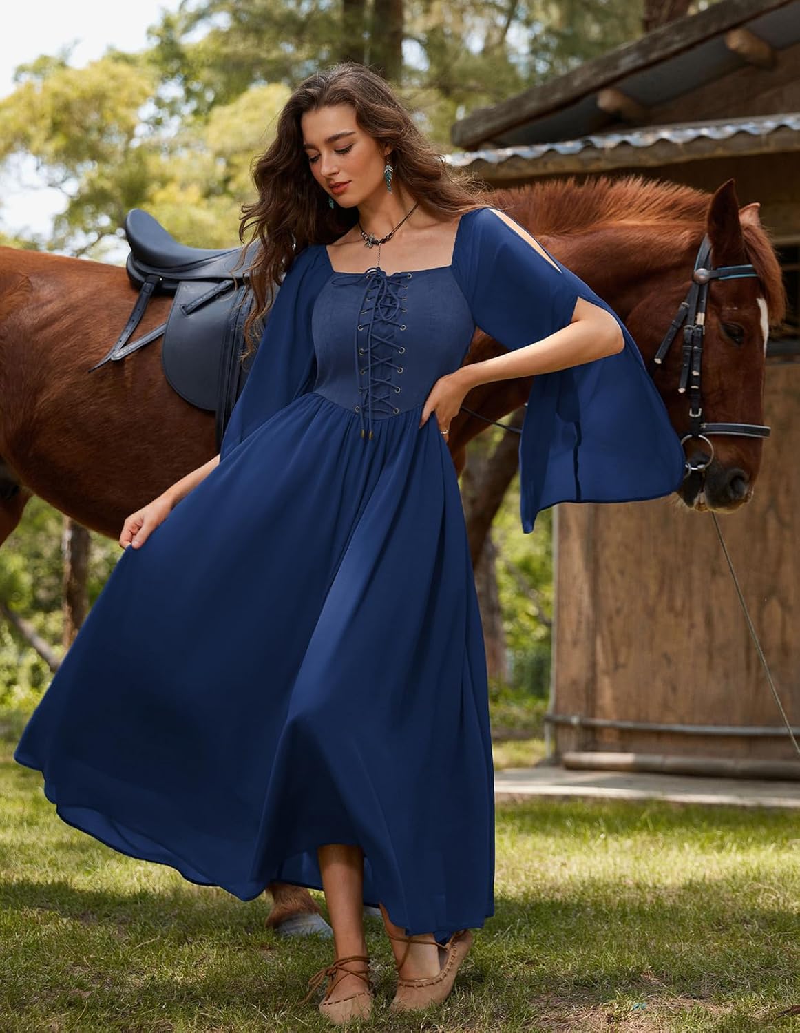Renaissance Costume Women Pirate Dresses Split Bell Sleeve Medieval Ren Faire Dress with Pockets