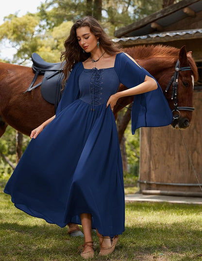 Renaissance Costume Women Pirate Dresses Split Bell Sleeve Medieval Ren Faire Dress with Pockets
