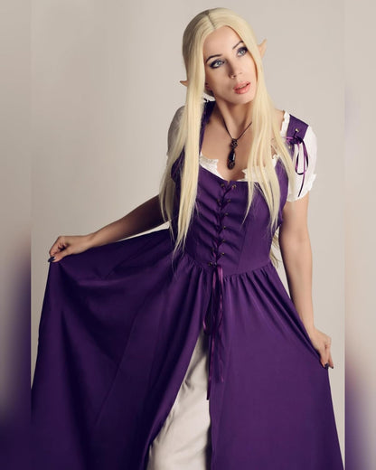Renaissance Costume Women Peasant Medieval Dress Short Sleeve Maxi Fairy Dresses with Pockets