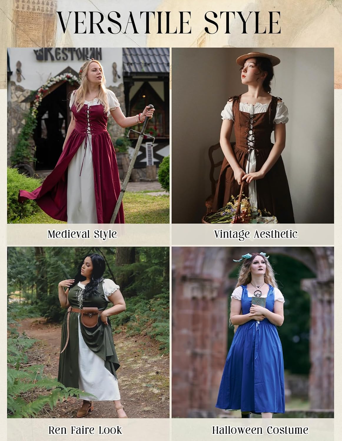 Renaissance Costume Women Peasant Medieval Dress Short Sleeve Maxi Fairy Dresses with Pockets