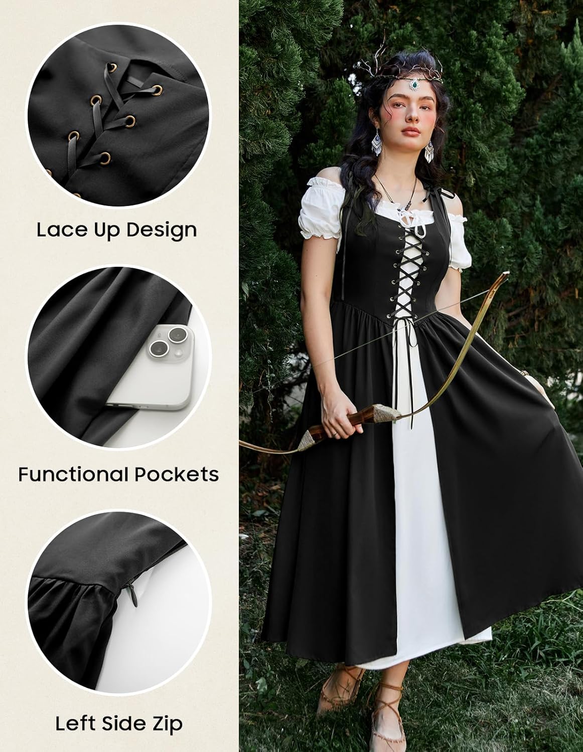 Renaissance Costume Women Peasant Medieval Dress Short Sleeve Maxi Fairy Dresses with Pockets