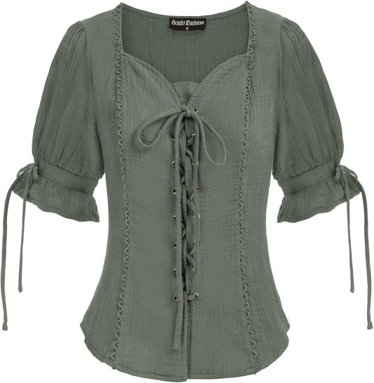 Renaissance Shirts for Women Summer Plus Size Lace-up Tops