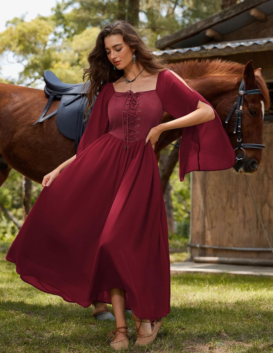 Renaissance Costume Women Pirate Dresses Split Bell Sleeve Medieval Ren Faire Dress with Pockets