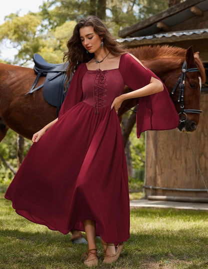 Renaissance Costume Women Pirate Dresses Split Bell Sleeve Medieval Ren Faire Dress with Pockets