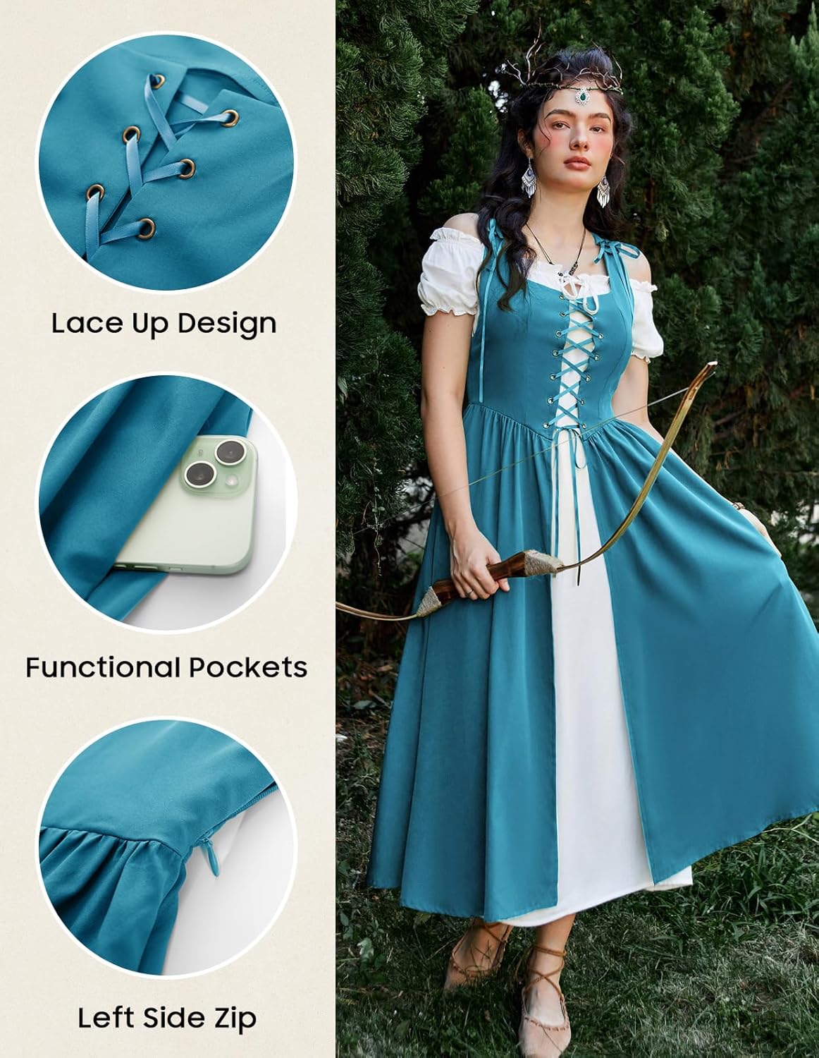 Renaissance Costume Women Peasant Medieval Dress Short Sleeve Maxi Fairy Dresses with Pockets