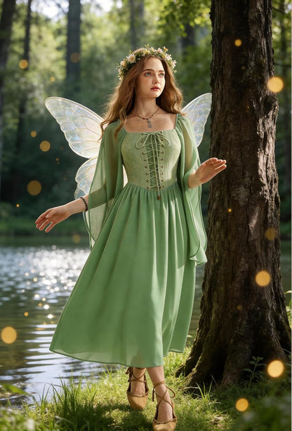 Renaissance Costume Women Pirate Dresses Split Bell Sleeve Medieval Ren Faire Dress with Pockets