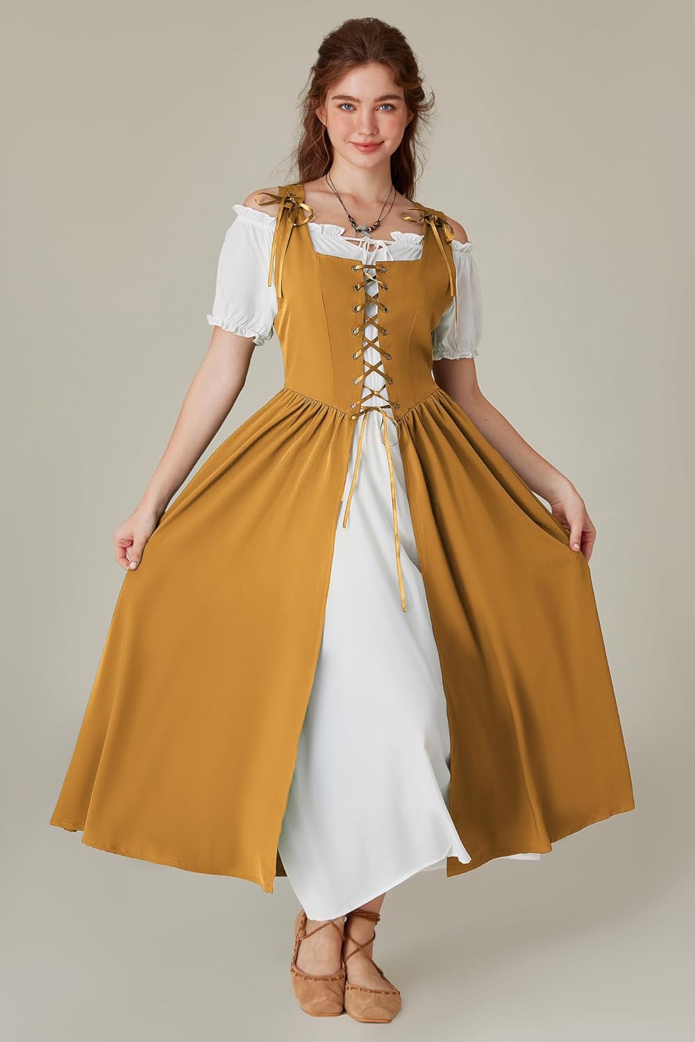Renaissance Costume Women Peasant Medieval Dress Short Sleeve Maxi Fairy Dresses with Pockets