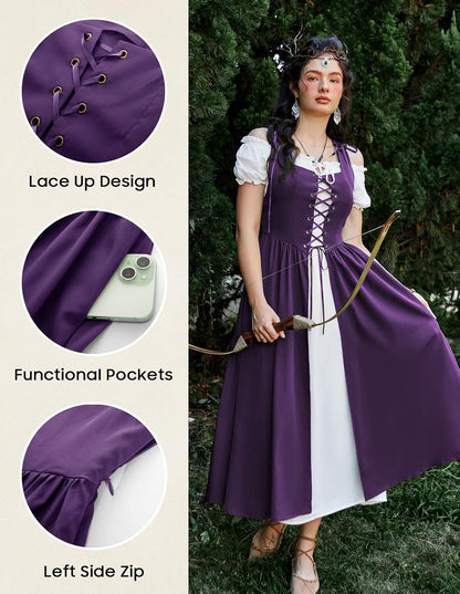 Renaissance Costume Women Peasant Medieval Dress Short Sleeve Maxi Fairy Dresses with Pockets