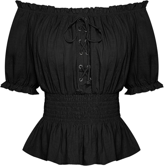 Women Renaissance Off Shoulder Blouse Smocked Waist Pirate Shirt Peplum Tops