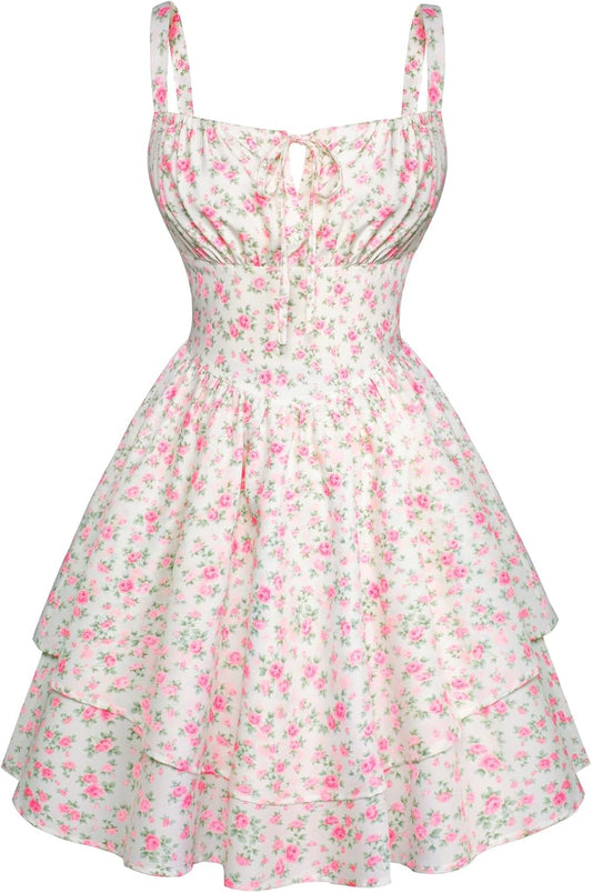 Floral Mini Corset Dress for Women Teen 2026 Summer Spring Flowy A-Line Sundress with Pockets