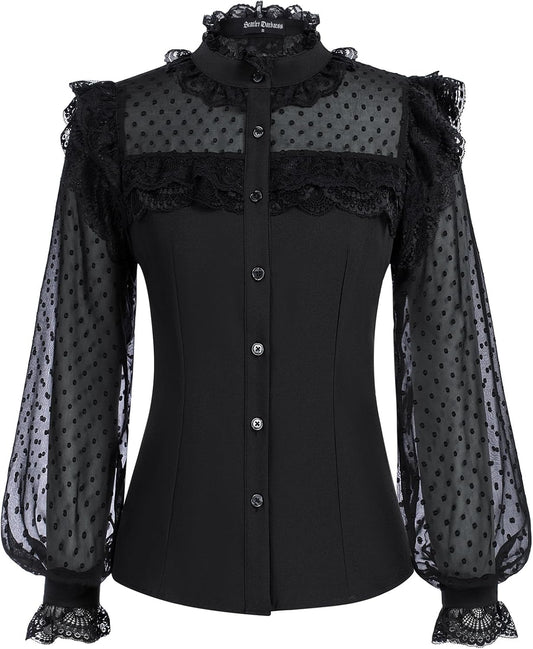 Women's Victorian Lace Tops Polka Dot Button Down Long Sleeve Shirt