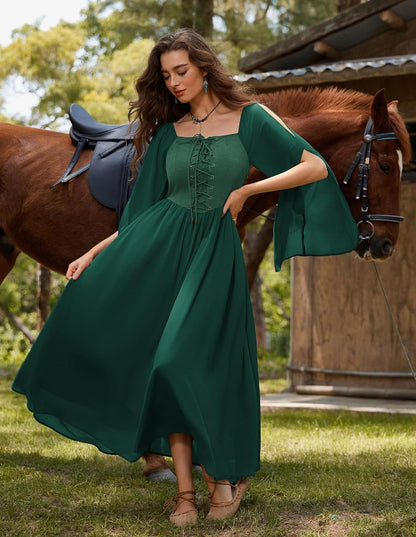 Renaissance Costume Women Pirate Dresses Split Bell Sleeve Medieval Ren Faire Dress with Pockets