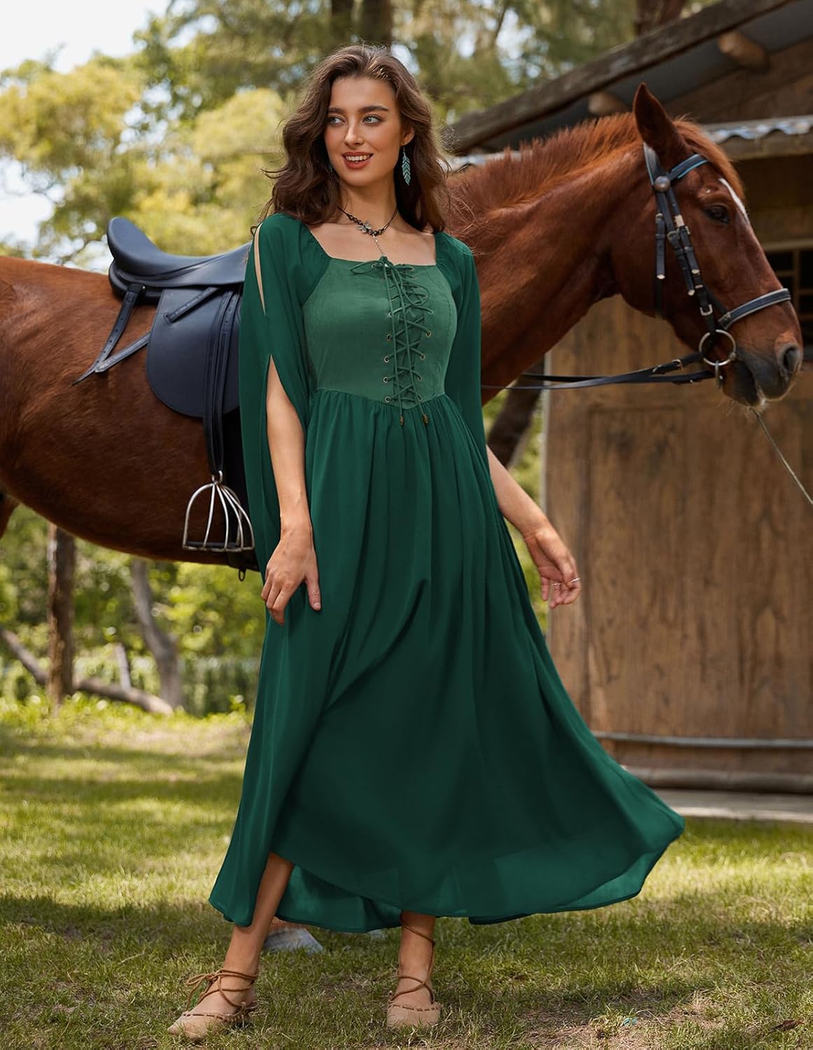 Renaissance Costume Women Pirate Dresses Split Bell Sleeve Medieval Ren Faire Dress with Pockets