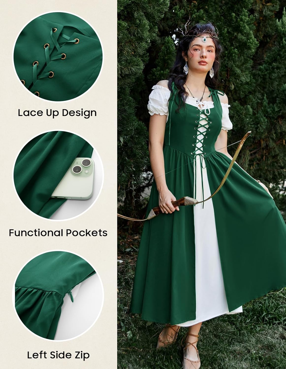 Renaissance Costume Women Peasant Medieval Dress Short Sleeve Maxi Fairy Dresses with Pockets