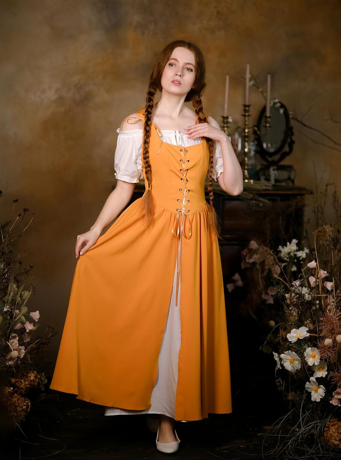 Renaissance Costume Women Peasant Medieval Dress Short Sleeve Maxi Fairy Dresses with Pockets