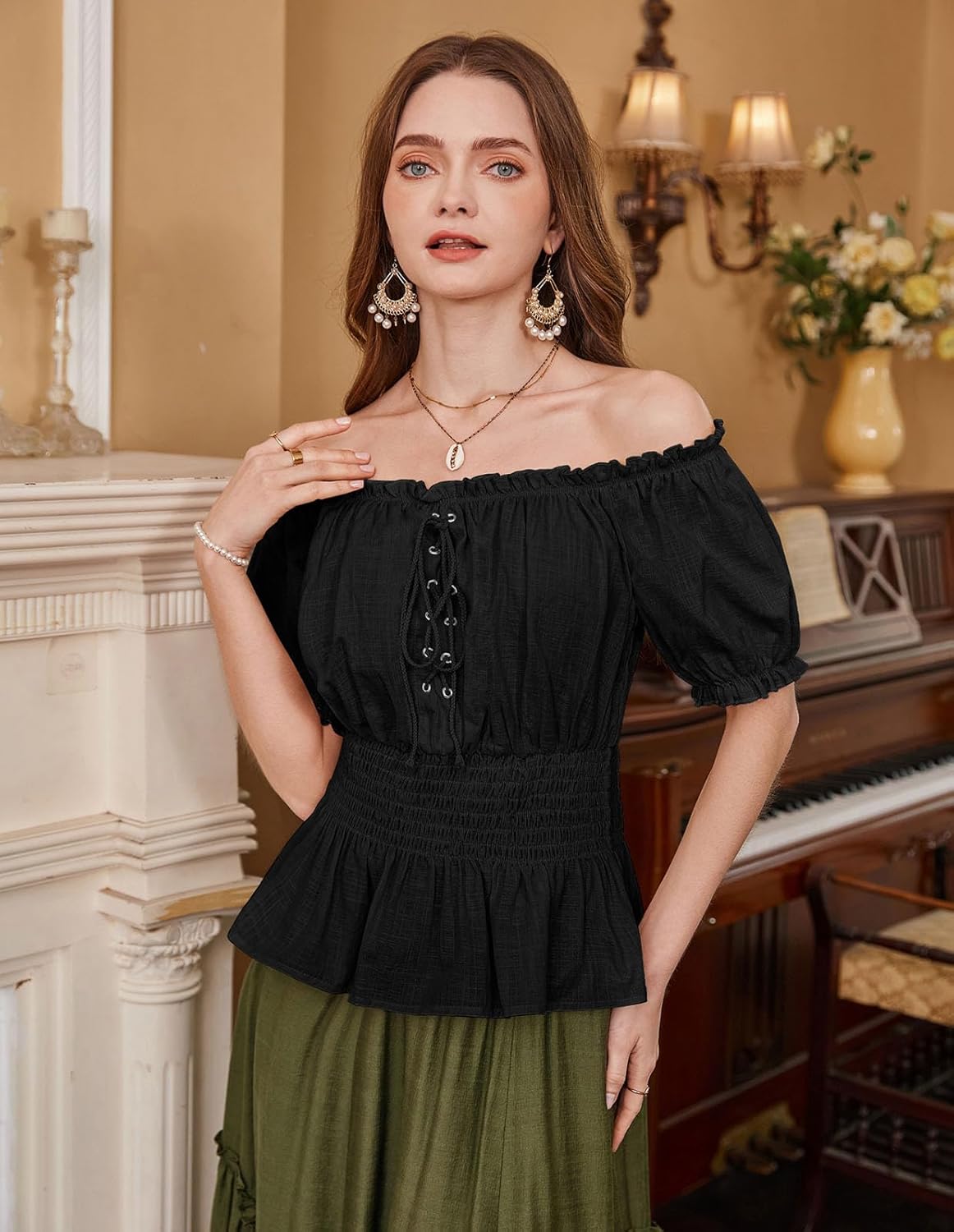 Women Renaissance Off Shoulder Blouse Smocked Waist Pirate Shirt Peplum Tops