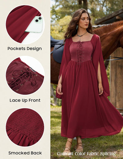 Renaissance Costume Women Pirate Dresses Split Bell Sleeve Medieval Ren Faire Dress with Pockets