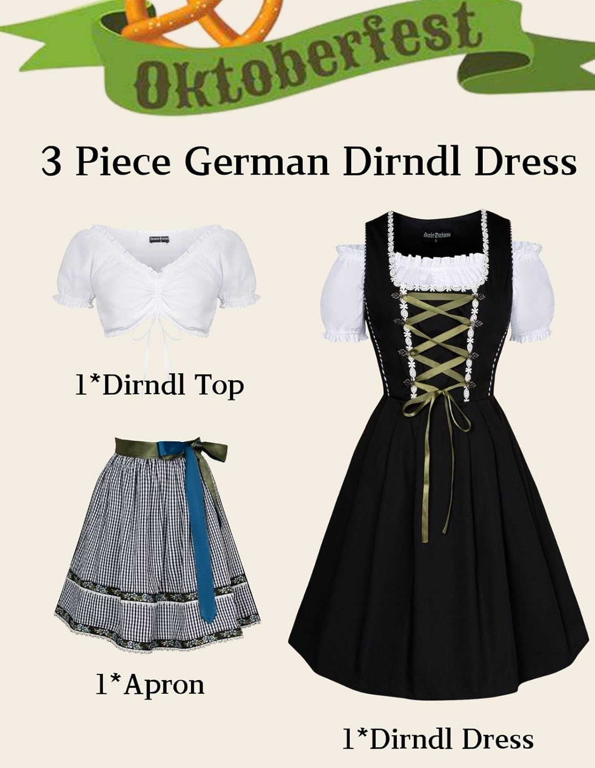 Women's German Dirndl Dress Costumes 3 Pieces for Oktoberfest Carnival