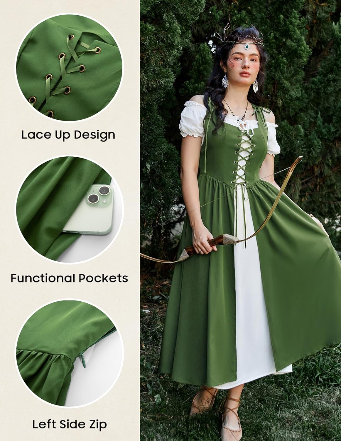 Renaissance Costume Women Peasant Medieval Dress Short Sleeve Maxi Fairy Dresses with Pockets