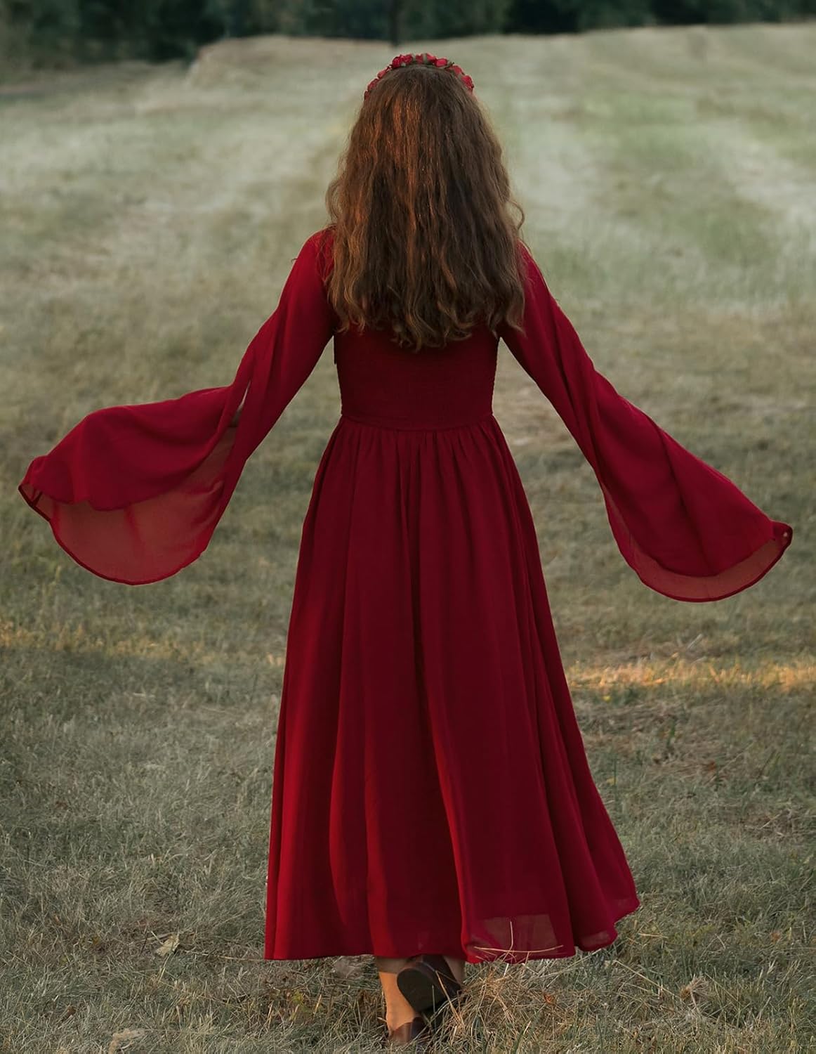 Renaissance Costume Women Pirate Dresses Split Bell Sleeve Medieval Ren Faire Dress with Pockets