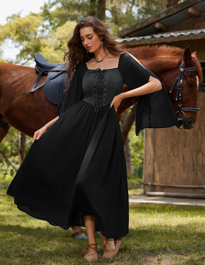Renaissance Costume Women Pirate Dresses Split Bell Sleeve Medieval Ren Faire Dress with Pockets