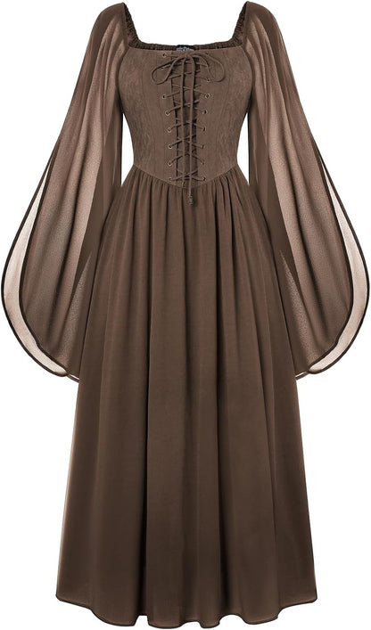 Renaissance Costume Women Pirate Dresses Split Bell Sleeve Medieval Ren Faire Dress with Pockets