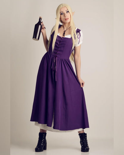 Renaissance Costume Women Peasant Medieval Dress Short Sleeve Maxi Fairy Dresses with Pockets