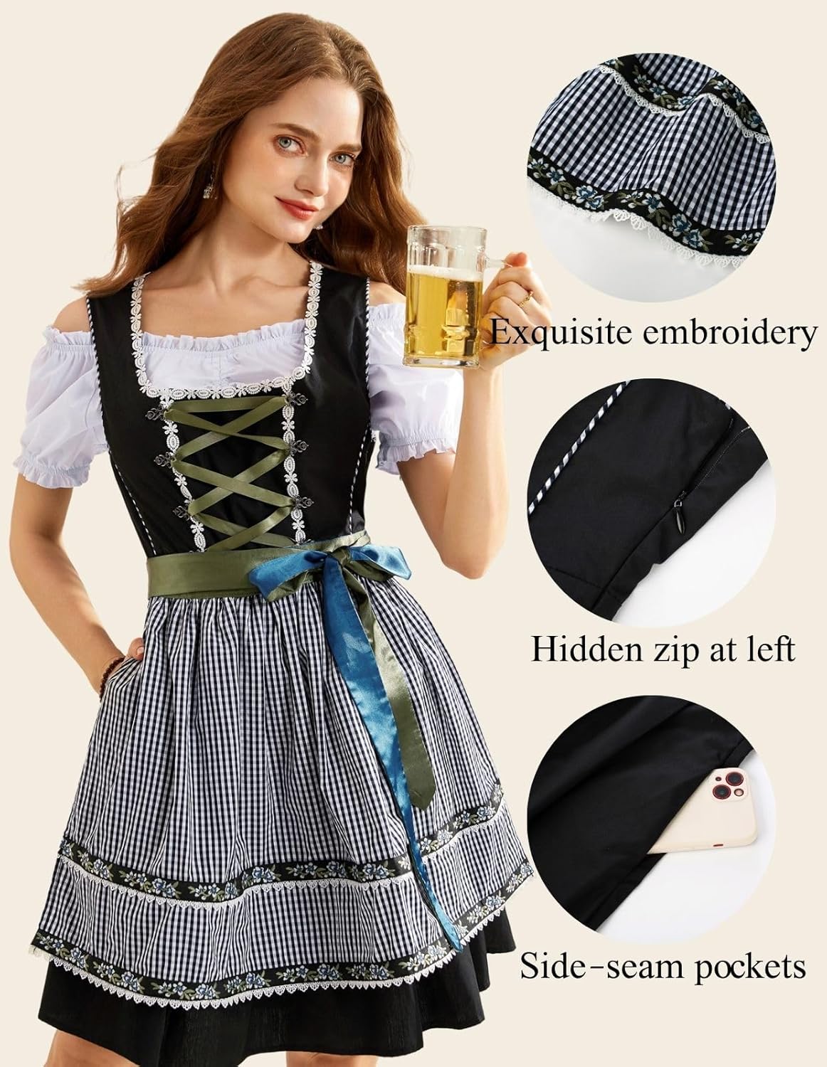 Women's German Dirndl Dress Costumes 3 Pieces for Oktoberfest Carnival