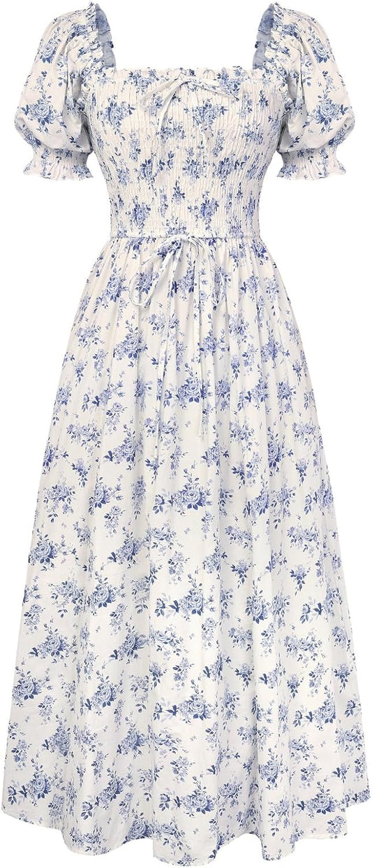 Women 2026 Floral Dress Cottagecore Cotton Dresses Short Sleeve Square Neck Smocked Dress