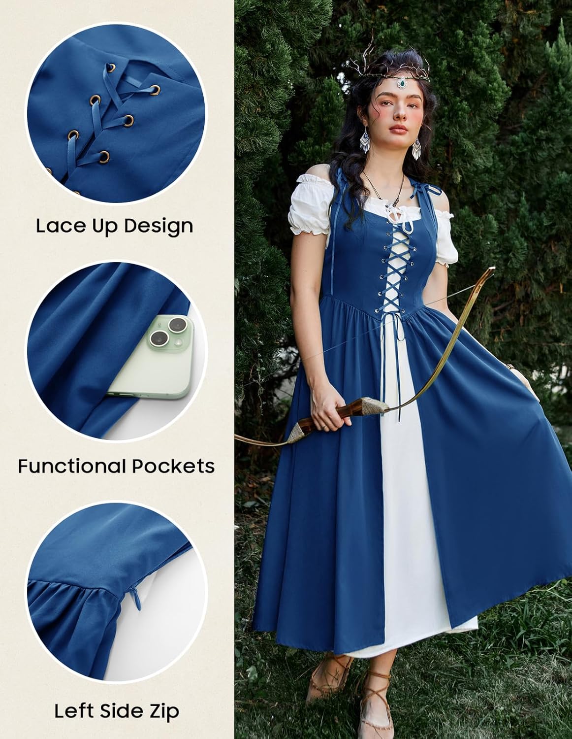 Renaissance Costume Women Peasant Medieval Dress Short Sleeve Maxi Fairy Dresses with Pockets