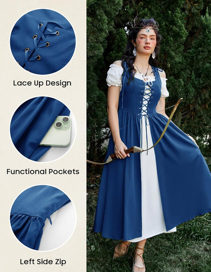 Renaissance Costume Women Peasant Medieval Dress Short Sleeve Maxi Fairy Dresses with Pockets
