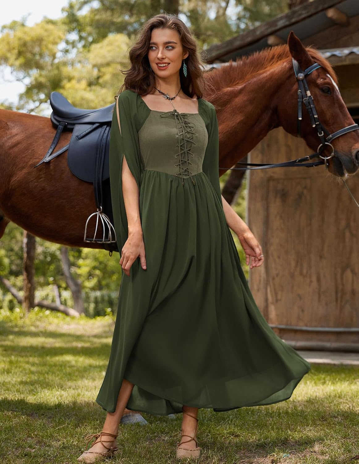 Renaissance Costume Women Pirate Dresses Split Bell Sleeve Medieval Ren Faire Dress with Pockets