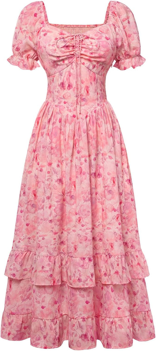 Women Floral Cottagecore Dress Puff Sleeve Maxi Ruffled Corset Dress