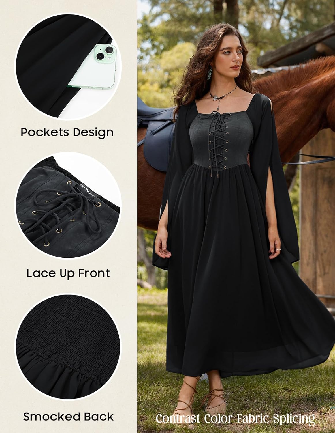 Renaissance Costume Women Pirate Dresses Split Bell Sleeve Medieval Ren Faire Dress with Pockets