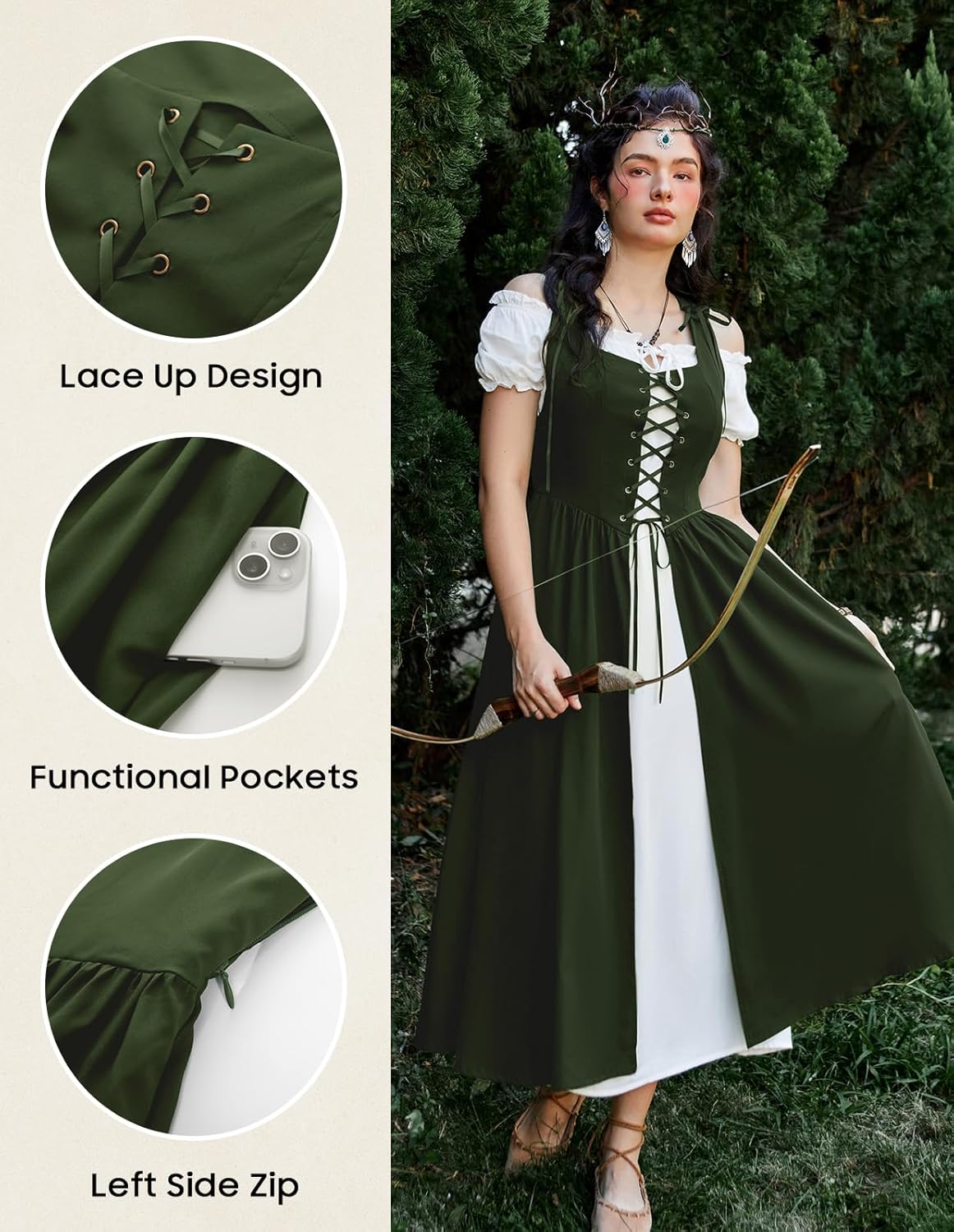 Renaissance Costume Women Peasant Medieval Dress Short Sleeve Maxi Fairy Dresses with Pockets
