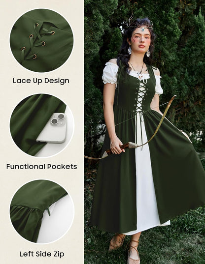 Renaissance Costume Women Peasant Medieval Dress Short Sleeve Maxi Fairy Dresses with Pockets