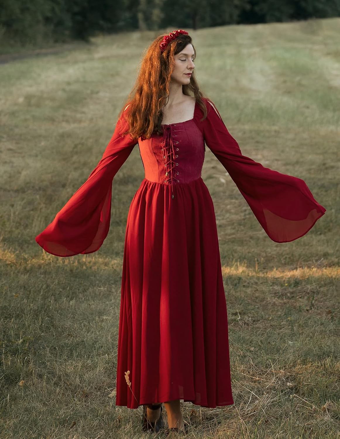 Renaissance Costume Women Pirate Dresses Split Bell Sleeve Medieval Ren Faire Dress with Pockets