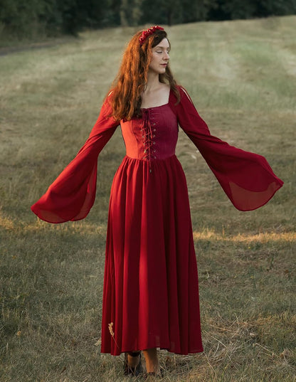 Renaissance Costume Women Pirate Dresses Split Bell Sleeve Medieval Ren Faire Dress with Pockets