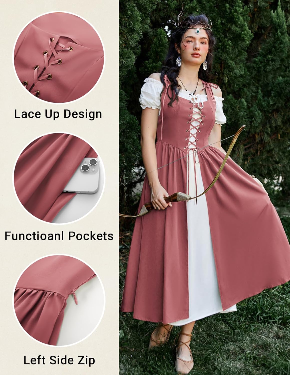 Renaissance Costume Women Peasant Medieval Dress Short Sleeve Maxi Fairy Dresses with Pockets