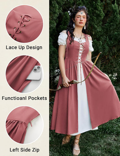 Renaissance Costume Women Peasant Medieval Dress Short Sleeve Maxi Fairy Dresses with Pockets