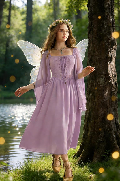 Renaissance Costume Women Pirate Dresses Split Bell Sleeve Medieval Ren Faire Dress with Pockets