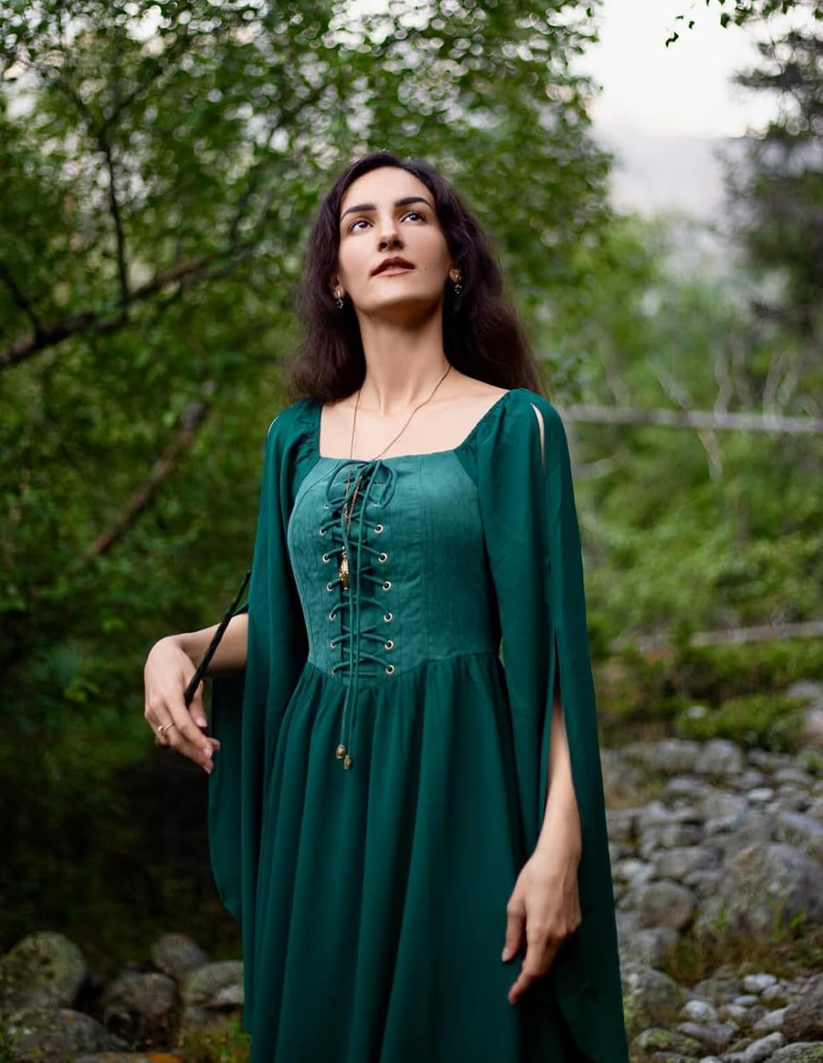 Renaissance Costume Women Pirate Dresses Split Bell Sleeve Medieval Ren Faire Dress with Pockets
