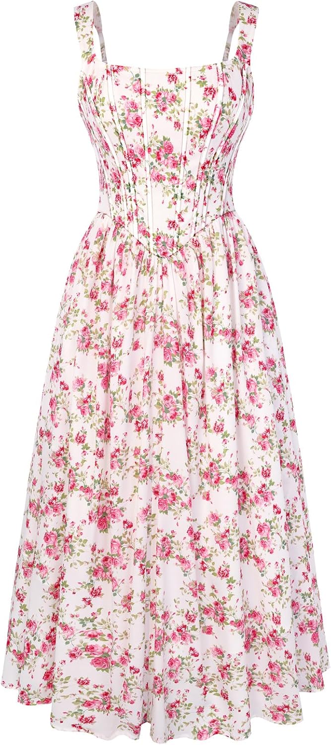 Women's Floral Corset Sundress Square Neck Sleeveless Cottagecore Dresses Summer Casual Dress