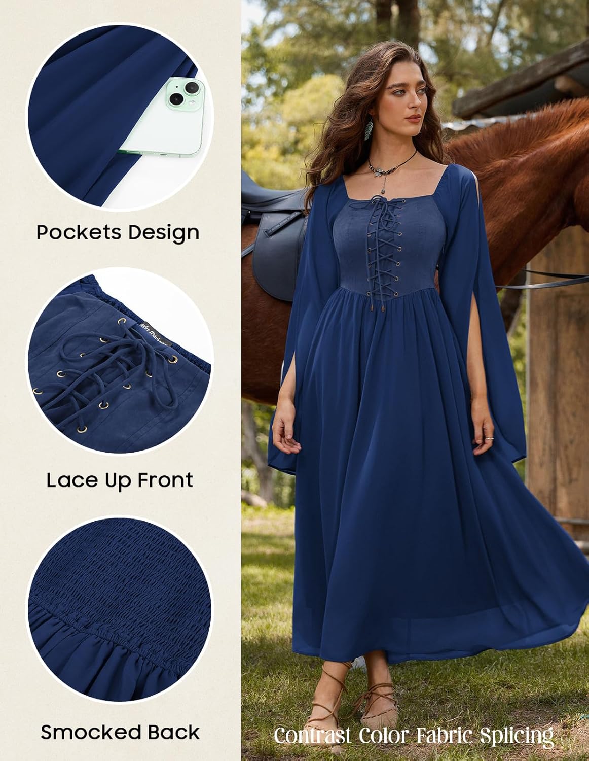Renaissance Costume Women Pirate Dresses Split Bell Sleeve Medieval Ren Faire Dress with Pockets