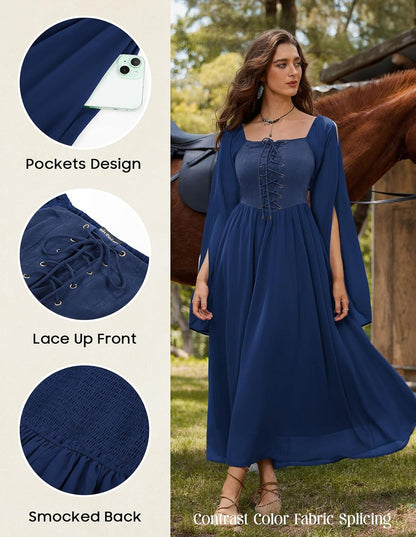 Renaissance Costume Women Pirate Dresses Split Bell Sleeve Medieval Ren Faire Dress with Pockets