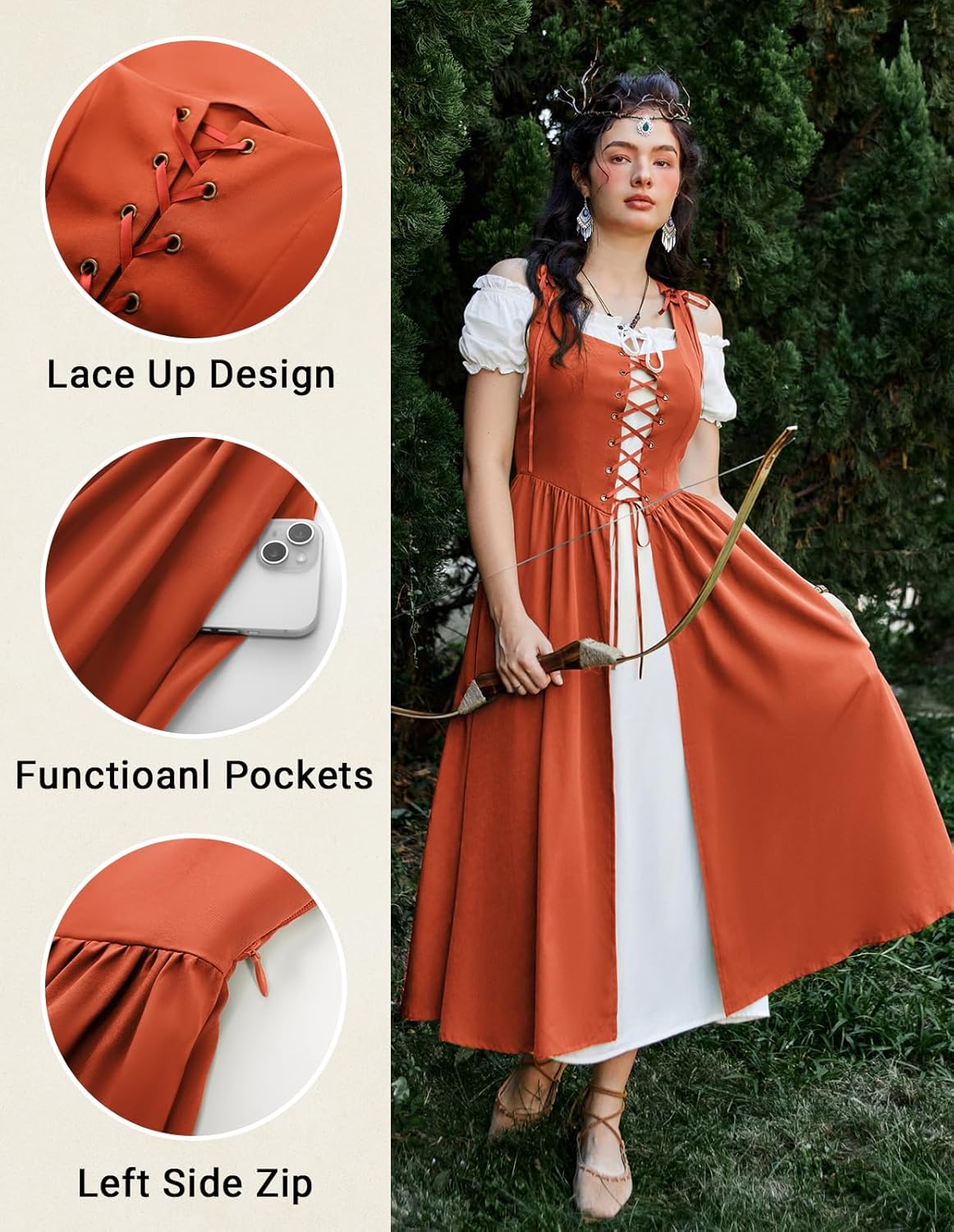 Renaissance Costume Women Peasant Medieval Dress Short Sleeve Maxi Fairy Dresses with Pockets