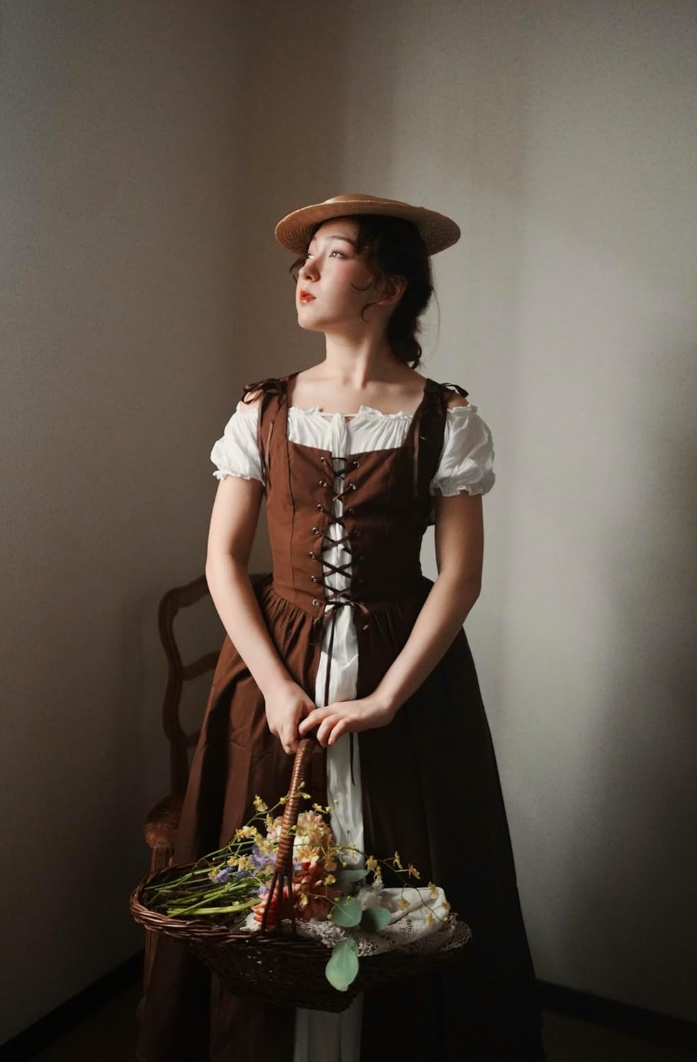 Renaissance Costume Women Peasant Medieval Dress Short Sleeve Maxi Fairy Dresses with Pockets