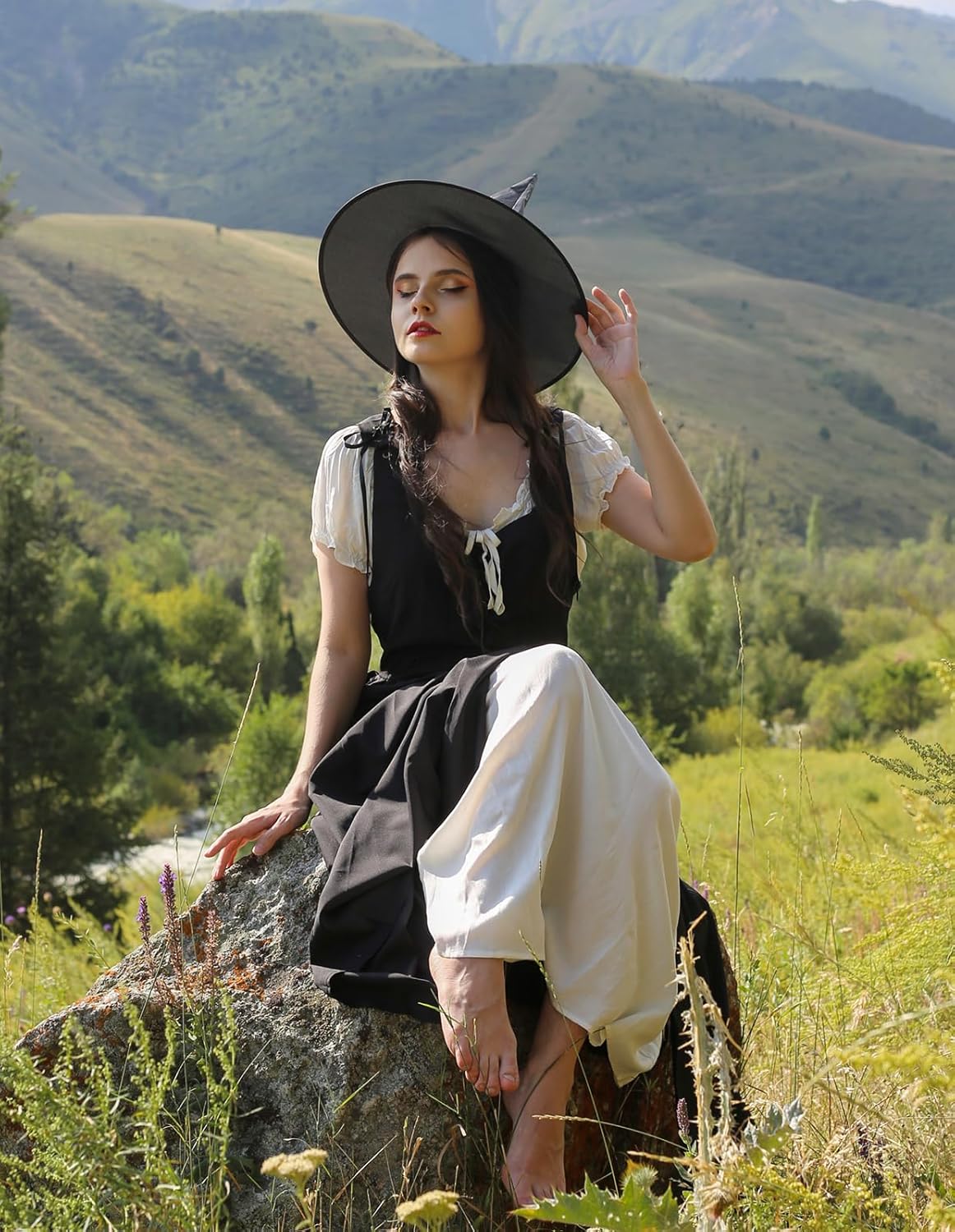 Renaissance Costume Women Peasant Medieval Dress Short Sleeve Maxi Fairy Dresses with Pockets